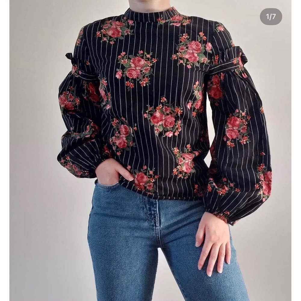 HM Black Floral Pinstripe Mock Neck‎ Puff Sleeve Blouse Size 14 Romantic Goth